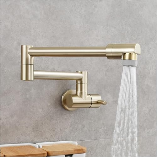Topffüller Wasserhahn zur Wandmontage aus Messing Einhand Kaltwasser Schwenkarmhahn mit Doppelgelenk Klappfunktion for die Küche(Brushed Gold) von POADGBCN