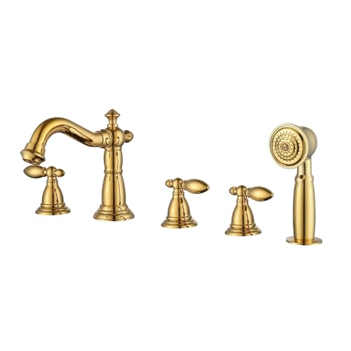 Vintage Badewannenarmatur mit Handbrause 3 Griffe, 5 Löcher Messing Badewannenarmatur Set Badewannen-Duschmischbatterie for Badewannen(Gold) von POADGBCN
