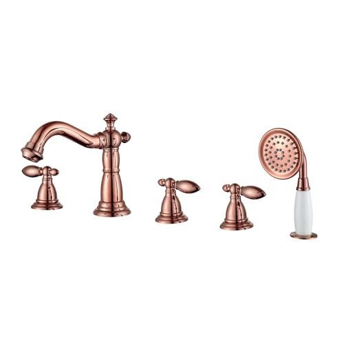 Vintage Badewannenarmatur mit Handbrause 3 Griffe, 5 Löcher Messing Badewannenarmatur Set Badewannen-Duschmischbatterie for Badewannen(Rose Gold) von POADGBCN