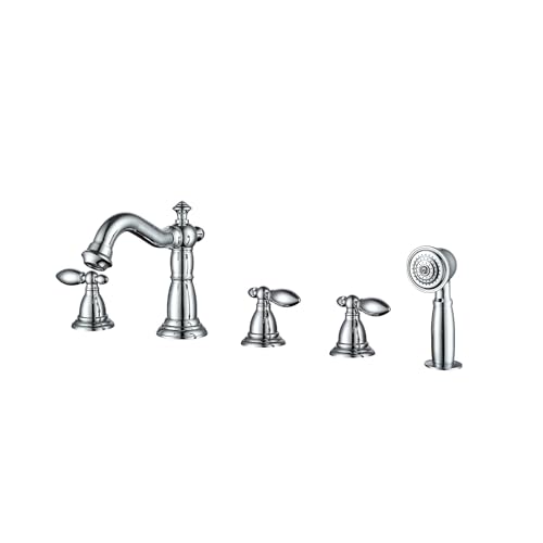 Vintage Badewannenarmatur mit Handbrause 3 Griffe, 5 Löcher Messing Badewannenarmatur Set Badewannen-Duschmischbatterie for Badewannen(Silver) von POADGBCN