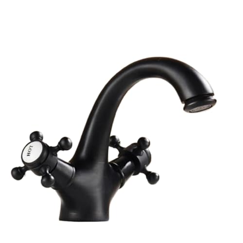 Vintage Wasserhahn aus massivem Messing mit Doppelgriff for Waschtisch oder Waschbecken Küchen und Badezimmer Waschtischarmatur mit Kalt und Warmwassermischer(Black) von POADGBCN