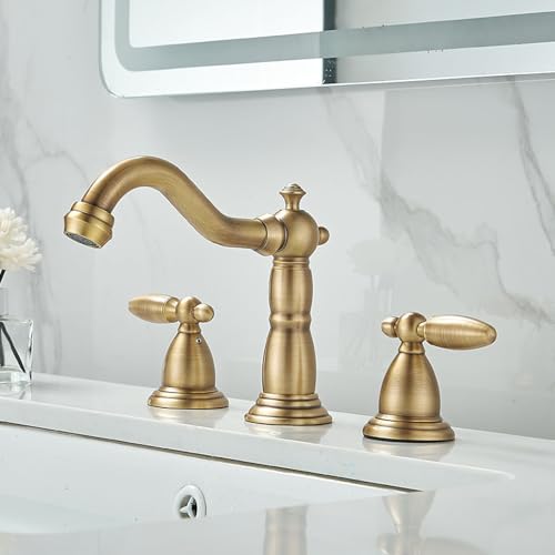 Vollkupfer Waschbecken Wasserhahn-Set mit zwei Löchern 2 Griffe 3 teilig mit Warm Kaltwassermischer(Brass) von POADGBCN