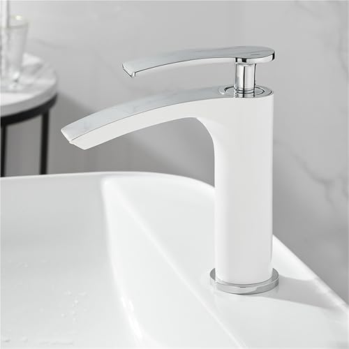 Wasserfall Moderner Waschbeckenhahn mit heißem und kaltem Wasser Einhebel Mischbatterie aus Messing for Küchenwaschbecken(White Silver,Short) von POADGBCN
