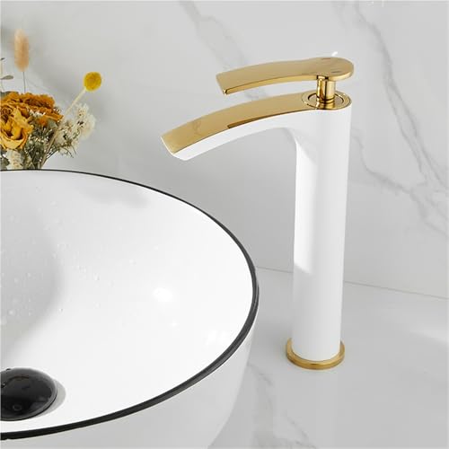 Wasserfall Moderner Waschbeckenhahn mit heißem und kaltem Wasser Einhebel Mischbatterie aus Messing for Küchenwaschbecken(White gold,Tall) von POADGBCN