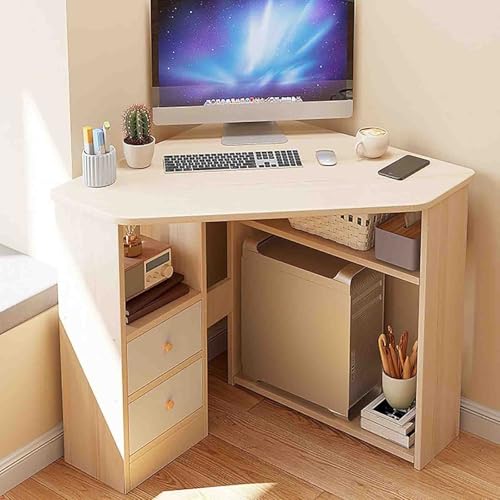 POAYDHC Eck-Computertisch, 90-Grad-Dreieckstisch mit Regalen und CPU-Ständer, Schminktisch mit Stauraum für kleine Räume(Wood Colour,67X67X74) von POAYDHC