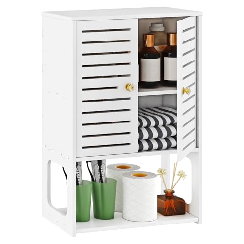 POBOMULI Badezimmer-Wandschrank mit 4 Ebenen, weißer Schrank mit Türen und offenem Regal, platzsparender Organizer für Badezimmer, Küche, Eingangsbereich von POBOMULI