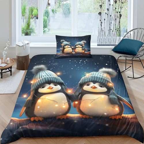 Niedlicher Pinguin 3D Print Kinder Betten Set Bettwäsche Set,Microfaser Bettbezüge, Himmlische Qualität Bettbezug Mit Kissenbezug Teilig Single（135x200cm） von POCHY