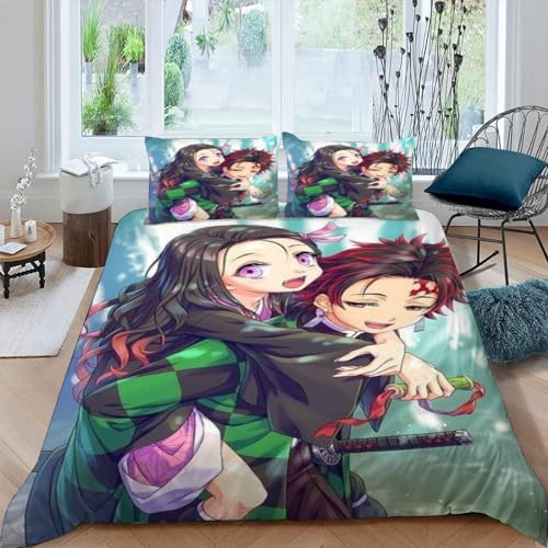 POCHY Bettwäsche 135x200 – Demon Slayer Manga – Set of Bettbezug 135 x 200 cm and 1 Pillowcase 80 x 80 cm, Microfibre, Extra Soft, Breathable and Washable von POCHY