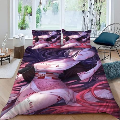 POCHY Bettwäsche 155x220 – Demon Slayer – Set of Bettbezug 155 x 220 cm and 2 Pillowcase 80 x 80 cm, Microfibre, Extra Soft, Breathable and Washable von POCHY