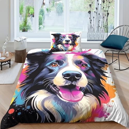 POCHY Border Collie Bettwäsche 2 Teilig Bettwäsche Set Mit Reißverschluss Bettbezug Und Kissenbezug Für Erwachsene Teenager Kinder Single（135x200cm） von POCHY