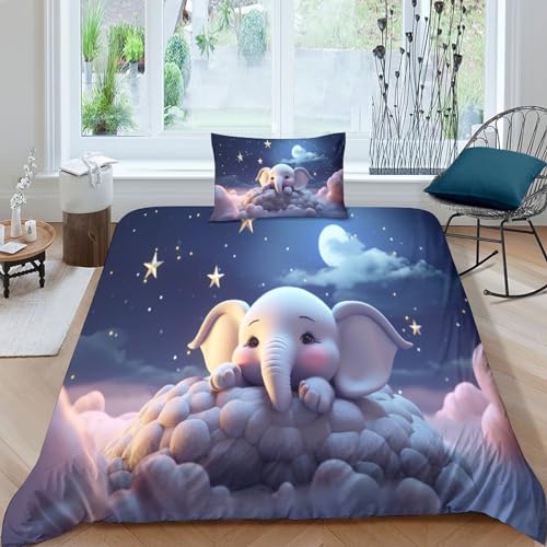 POCHY Elefant schlafend auf Einer Wolke Bettwäsche Set Bettbezug Set Atmungsaktive Mikrofaser Bettwäsche Für Schlafzimmer, Weiche Bequemer Single（135x200cm） von POCHY