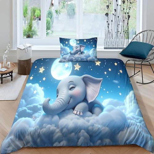 POCHY Elefant schlafend auf Einer Wolke Bettwäsche Teilig Mikrofaser Bettbezüge Jungs Kinderbettwäsche Set Mit Reißverschluss Und Kissenbezug 2 Teilig Sets Single（135x200cm） von POCHY