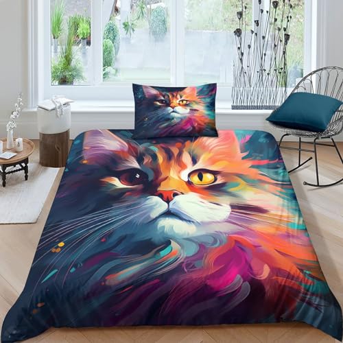 POCHY Niedliche Katzen 3D Bettbezug Set Mit Kissenbezug, Bettwäsche Set, Modisch Bettbezüge Mikrofaser Bettbezug Mit Reißverschluss Single（135x200cm） von POCHY