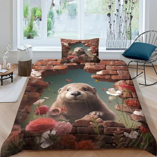 POCHY Niedlicher Otter 3D Bettwäsche Set Drucken Betten Set Jugendliche Bettbezug Mit Mikrofaser Reißverschluss Schließung Kopfkissenbezug Weich Haltbar Atmungsaktive Single（135x200cm） von POCHY