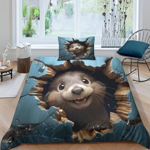 POCHY Niedlicher Otter Bettwäsche Bettbezug Für 3D Microfaser Bettwäsche Set Kinder Erwachsene,Mit Reißverschluss Und Kissenbezug Single（135x200cm） von POCHY