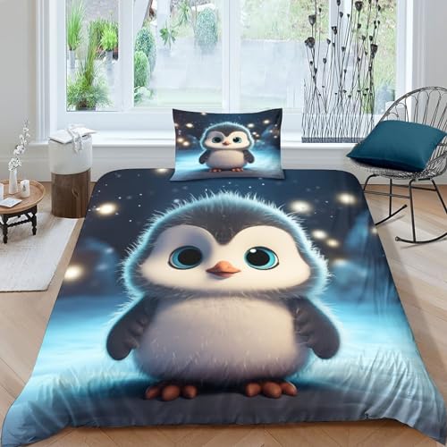 POCHY Niedlicher Pinguin Bettwäsche 3D Bettbezug Mikrofaser Bettwäsche-Sets, Bettbezüge Mit Reißverschluss Und Kissenbezüge Für Schlafzimmer, Weiche Bequemer Single（135x200cm） von POCHY