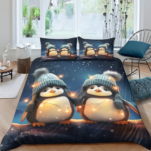 POCHY Niedlicher Pinguin Bettwäsche Set Bettbezug Set Für Kinder Jungen Mädchen Weich Atmungsaktiv Microfaser Betten Set Mit Reißverschluss Und Kissenbezug 3 Teilig Sets Double（200x200cm） von POCHY