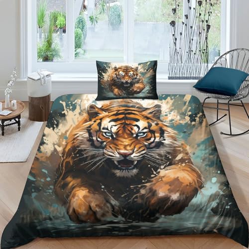 POCHY Tiger Bettwäsche Kinder Bettwäsche Mit Bettbezug and Kopfkissenbezüge, Bettbezug Mit Mikrofaser Reißverschluss, Weiche Bequemer Bettbezug Single（135x200cm） von POCHY