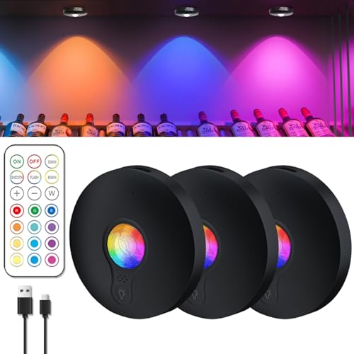 POCKETMAN 13 Farben RGB LED Spots Schrankbeleuchtung mit Fernbedienung,Magnetisch Dimmbar 2 Lichtmodi Led Kabellos Unterbauleuchte,mit Timing Funktion Schranklicht USB Aufladbar (3) von POCKETMAN