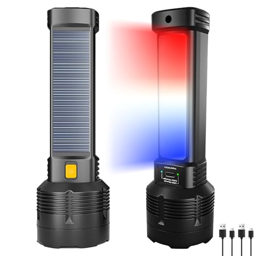 POCKETMAN 2 Stück Solar LED Taschenlampe,3 Lichtmodi,Einstellbare Helligkeit,USB Wiederaufladbar,Seitliche Warnleuchte, LED Stroboskop Wasserdicht Taschenlampe Für Angeln, Notfall, Outdoor von POCKETMAN