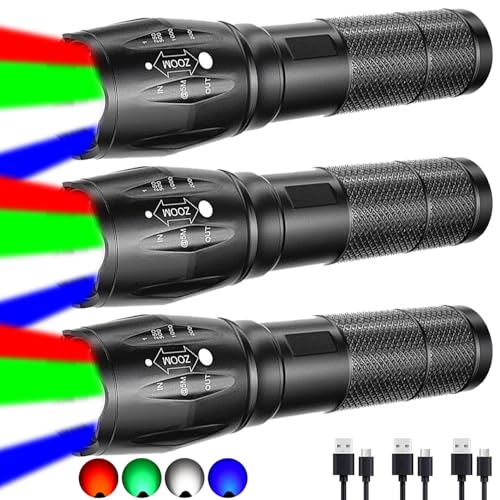 POCKETMAN 3 Stück 4 Farben in 1 LED Taschenlampe 4 Modi Zoombare Wiederaufladbar Wasserdichte Taschenlampe mit Rot,Grün,Weiß,Blau Licht für Camping,Outdoor,Fotografie, Fülllicht,Angeln, Wandern von POCKETMAN