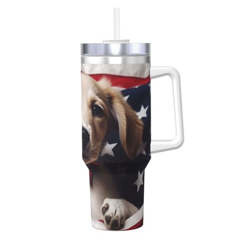 Eisbully mit Griff, wiederverwendbar, isoliert, für kalte und heiße Getränke, Motiv: Welpe mit USA-Flagge, 1,2 l Eisbully mit Griff, wiederverwendbar, isoliert, für kalte und heiße Getränke, Motiv: Welpe mit USA-Flagge, 1,2 l von POCUK