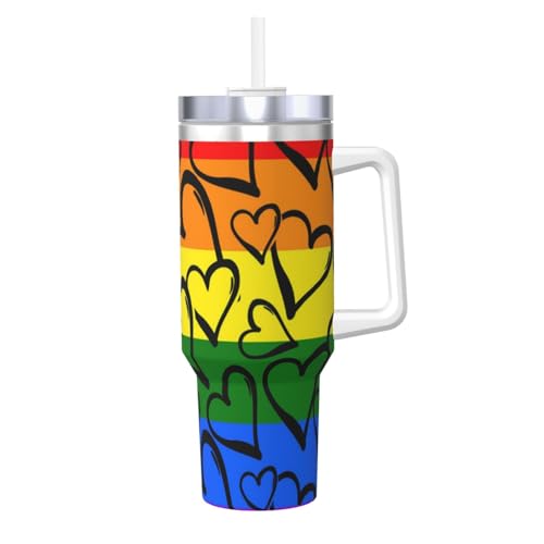 Gay Pride Eisbully mit Griff, wiederverwendbarer Isolierbecher für kalte und heiße Getränke, Regenbogen-Muster, 1,2 l von POCUK