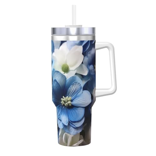 POCUK Blau-weiße Blume, Eisbully mit Griff, wiederverwendbar, isoliert, für kalte und heiße Getränke, 1,2 l von POCUK