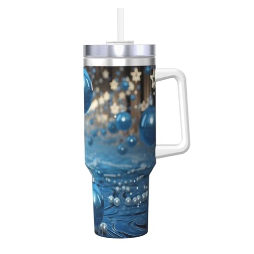 POCUK Blue Balls Silver Stars Ice Bully mit Griff, wiederverwendbarer Isolierbecher für kalte und heiße Getränke, 1,2 l von POCUK
