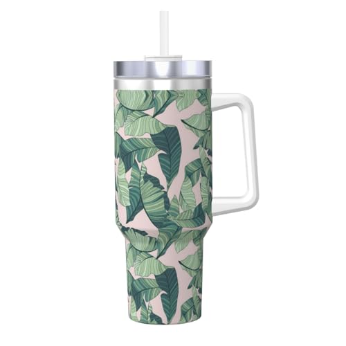 POCUK Green Palm Tree Leaves Pink 1,2 l Ice Bully with Handle Reusable Insulated Cup for Cold and Hot Drinks von POCUK