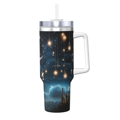 POCUK Nightsky Hanging Moon Stars Ice Bully mit Griff, wiederverwendbar, isolierter Becher für kalte und heiße Getränke, 1,2 l von POCUK