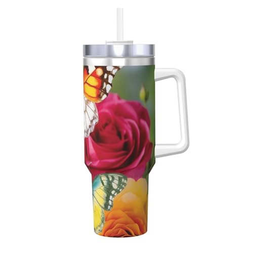POCUK Spring Butterfly Rose Flowers Ice Bully with Handle Reusable Insulated Cup for Cold and Hot Drinks von POCUK