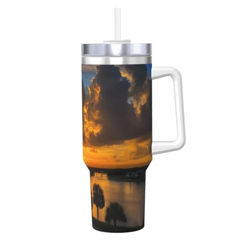 POCUK Sunset Over Lake Broward County Ice Bully mit Griff, wiederverwendbarer Isolierbecher für kalte und heiße Getränke, 1,2 l von POCUK