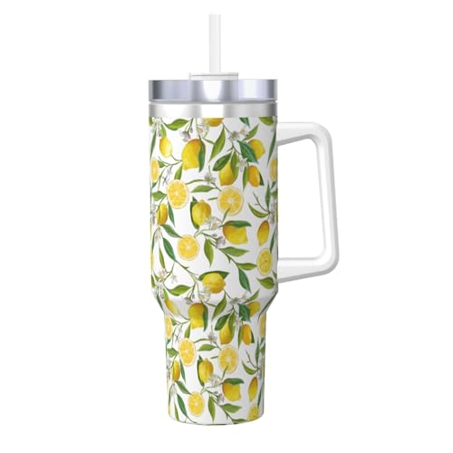 POCUK Yellow Lemon Ice Bully mit Griff, wiederverwendbarer Isolierbecher für kalte und heiße Getränke, 1,2 l von POCUK