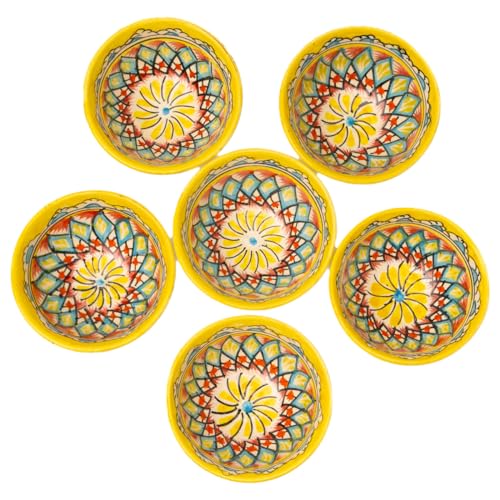 6 Keramikschalen 200 ml Piyola klein handgefertigt Muster (Gelb) - Usbekischer Schälchen mit handbemaltem Design | Teetasse | Schale Bunt Keramik | Dipschälchen (Muster (Gelb)) von PODARI