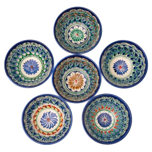 PODARI 6 Keramikschalen 600 ml Kosa Ø 16 cm Machrob Blau - Traditionelle Usbekische Keramikschüsseln mit handbemaltem Design | Salatschüsseln | Schale Bunt Keramik von PODARI