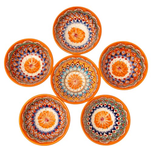 PODARI 6 Keramikschalen 600 ml Kosa Ø 16 cm Orange Muster - Traditionelle Usbekische Keramikschüsseln mit handbemaltem Design | Salatschüsseln | Schale Bunt Keramik von PODARI