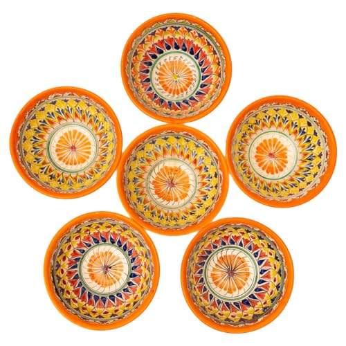 PODARI 6 Keramikschalen 750 ml Kosa Ø 17,5 cm Orange (schmales Muster) - Traditionelle Usbekische Keramikschüsseln mit handbemaltem Design | Salatschüsseln | Schale Bunt Keramik von PODARI
