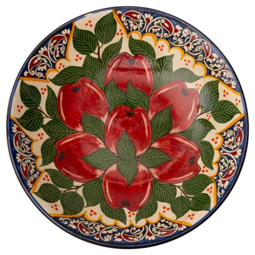 PODARI Lagan Rishtan Keramikteller tief Ø 33 cm Handarbeit - Apfel - Usbekischer Teller mit handbemaltem Design von PODARI