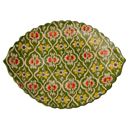 PODARI Lagan Rishtan Servierteller 43 x 32,5 cm Keramik blattförmig Muster (Grün) - Usbekischer Keramikteller mit handbemaltem Design von PODARI