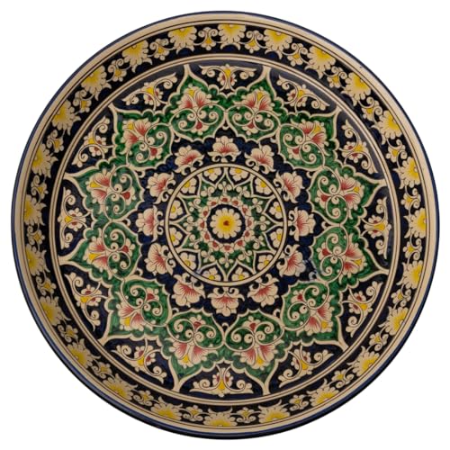 PODARI Lagan Rishtan Servierteller Keramik groß Ø 40,5 cm Blumenmuster (Grün-Blau) - Usbekischer Keramikteller mit handbemaltem Design von PODARI