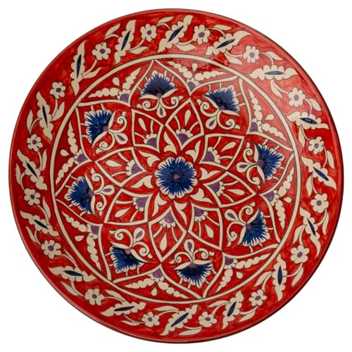 PODARI Lagan Rishtan Servierteller Keramik groß Ø 42 cm Rot-Muster - Usbekischer Keramikteller mit handbemaltem Design von PODARI