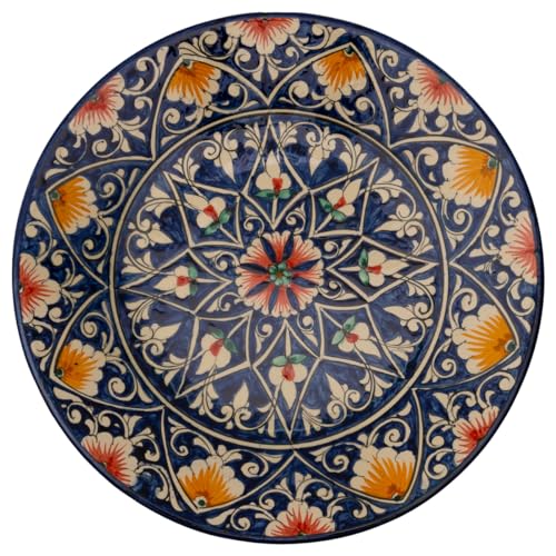 PODARI Lagan Rishtan Servierteller Keramikteller Ø 27 cm Muster (Blau-Orange-Rot) - Usbekische Servierplatte mit handbemaltem Design | Teller Keramik Bunt von PODARI