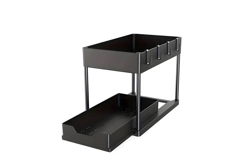 PODOFO Küchenregal Küchen Organizer 2 Etagen, Gewürzregal Schwarz mit 4 Haken von PODOFO