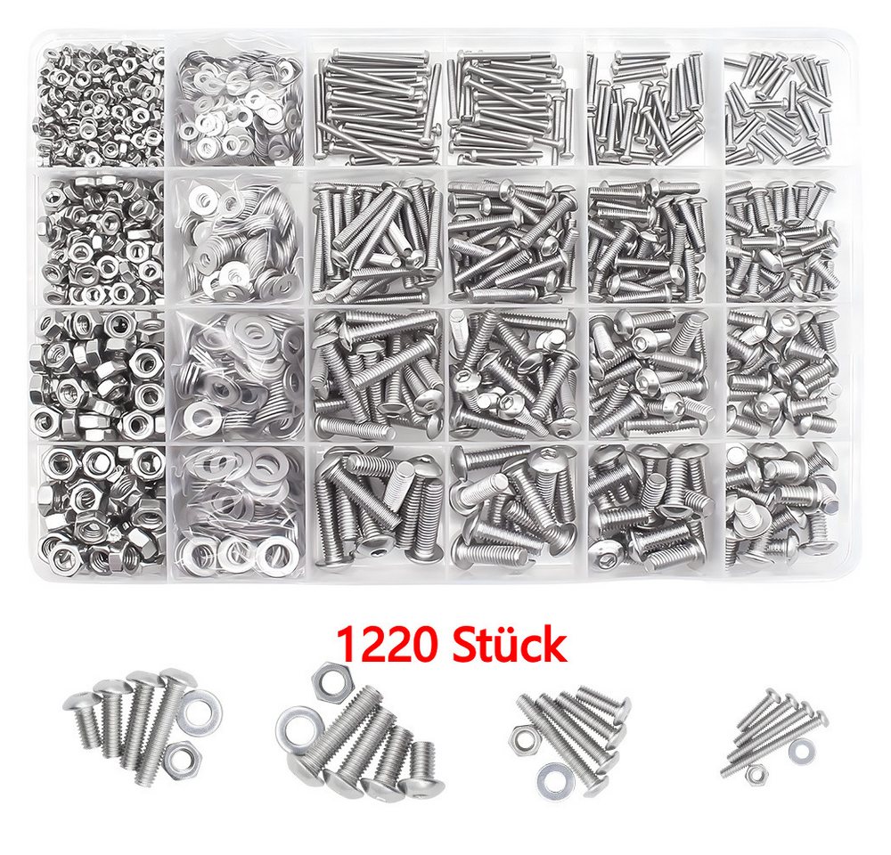 PODOFO Schrauben- und Dübel-Set delstahl-Sechskantschrauben-Set M2-M5 mit Innensechskant, (1220 St), 1220Stück von PODOFO