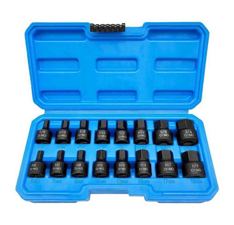 PODOFO Steckschlüssel Steckschlüssel 16tlg Schlagschrauber Nüsse Sechskant (16 St), 16tlg Steckschlüssel Schlagnuss von PODOFO