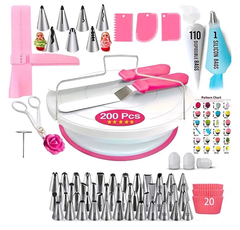PODOFO Tortenwerkzeug Torten Zubehör Set 200 Stücke Tortenplatte Drehbar mit 48 Spritztüllen, (200-tlg) von PODOFO
