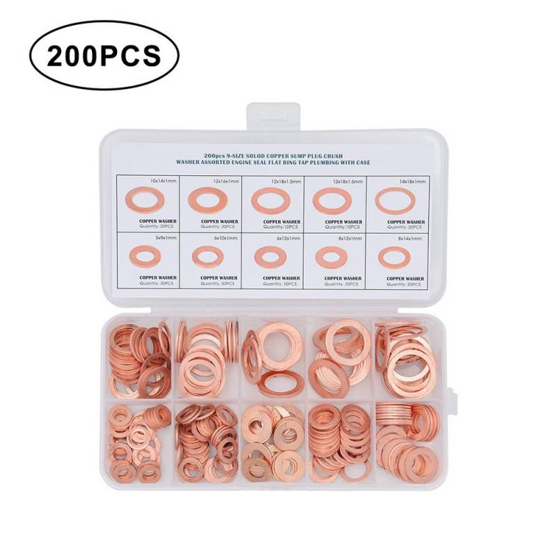 PODOFO Unterlegscheibe Kupfer Unterlegscheiben Massivdichtung Flachringe Kit, 200-St., 200 Stück von PODOFO