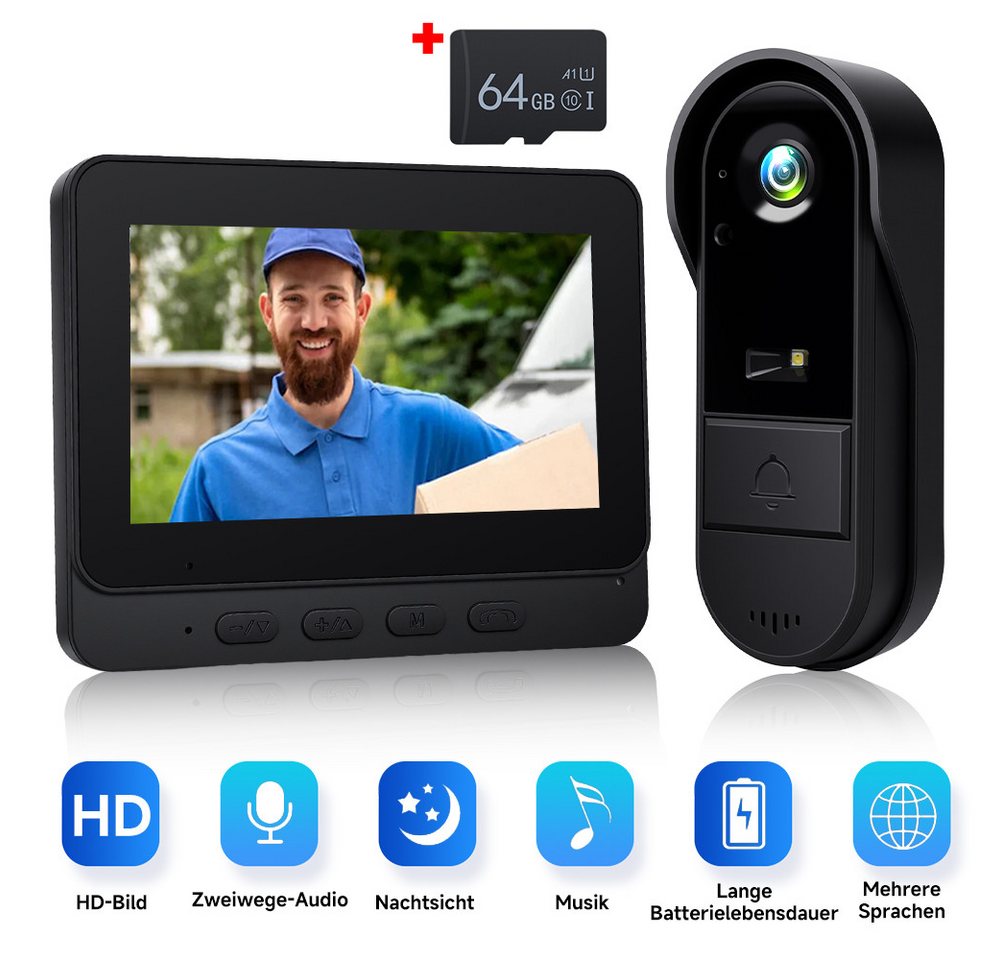 PODOFO Video-Türsprechanlage Video-Türsprechanlage 4,3-Zoll-Monitor Drahtlose Türklingelkamera (Video-Gegensprechanlage, Nachtsicht-Türklingel) von PODOFO
