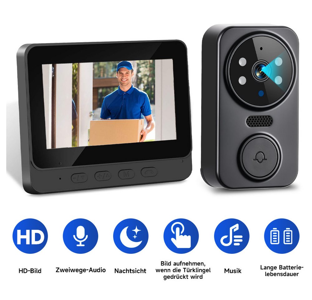 PODOFO Video-Türsprechanlage Video-Türsprechanlage 4.3" HD Monitor Drahtlose Türklingel Kamera (WLAN-Türklingel mit 2,4-GHz-Privatprotokoll) von PODOFO